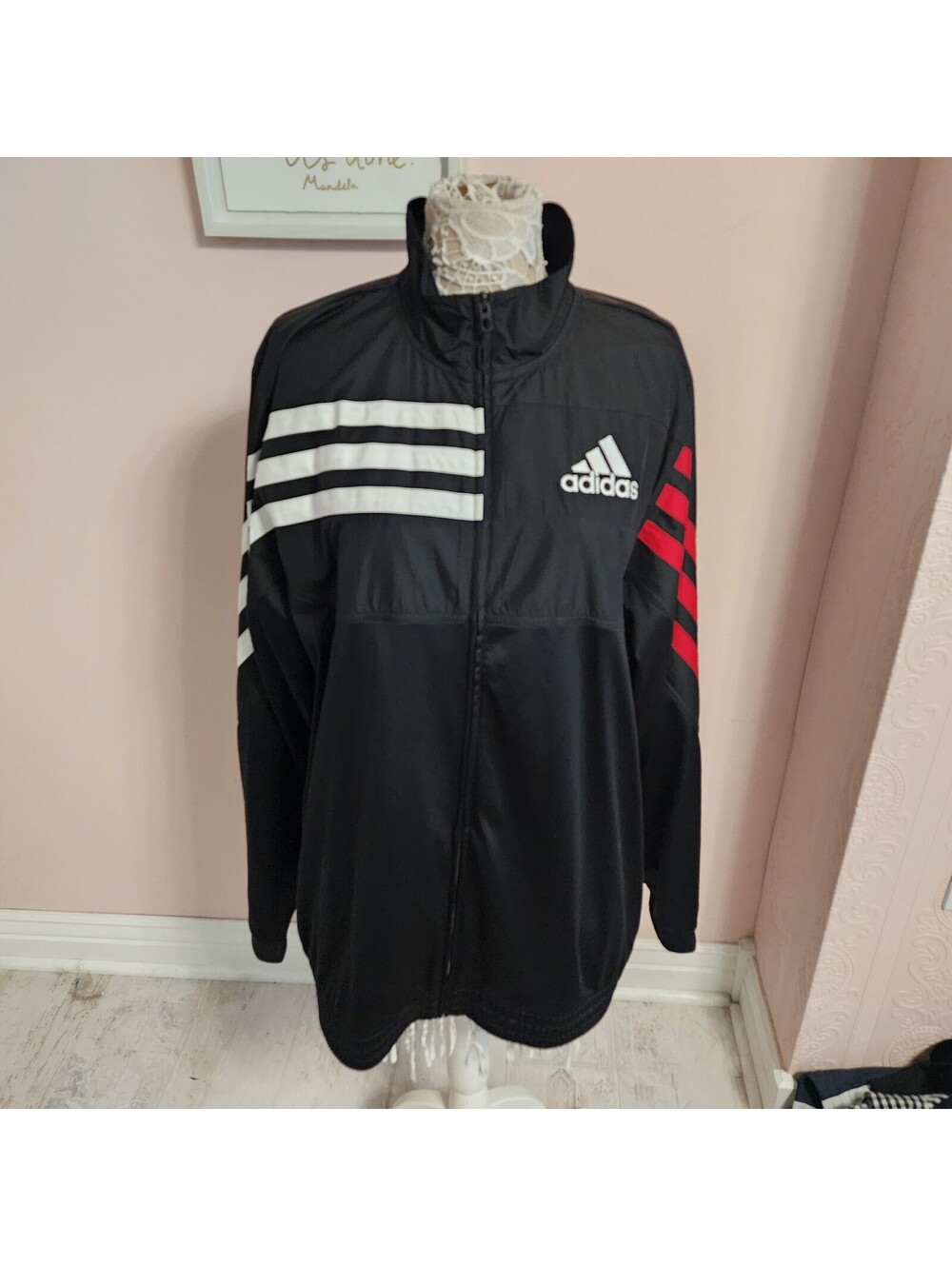 Adidas Black Track Jacket with White and Red Stripes XL